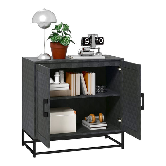 HOMCOM Modern Sideboard with two open doors showing internal storage shelves and a black metal frame