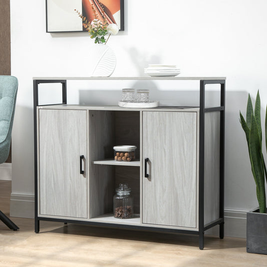 Storage cabinet with two doors, shown in a dining room setting with decorative items