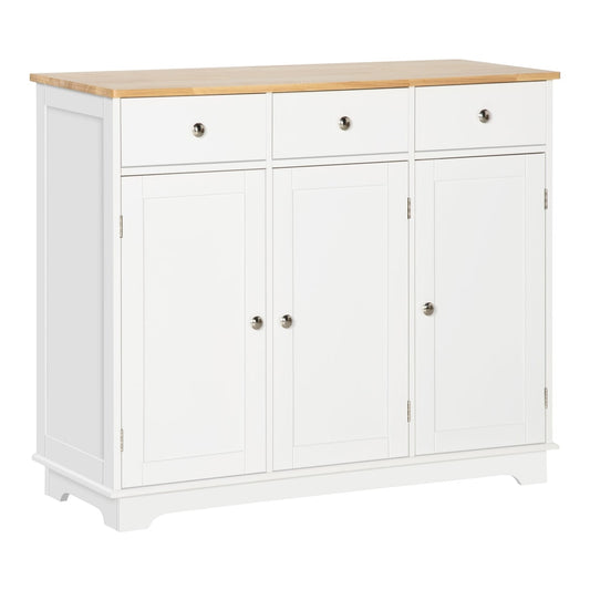 HOMCOM Sideboard with Rubber Wood Top, a white storage cabinet with a natural wood top and three doors and three drawers