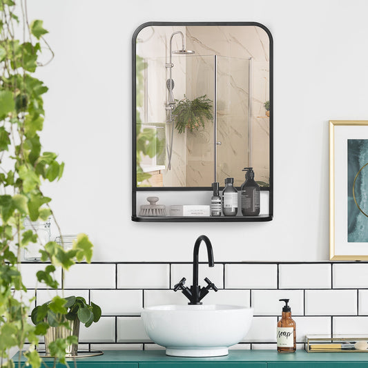 The wall mirror with storage shelf is shown in a bathroom setting above a sink with toiletries on the shelf
