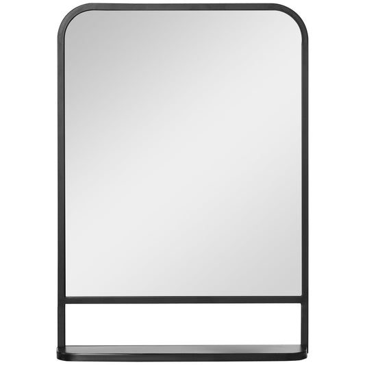HOMCOM Modern Square Wall Mirror with Storage Shelf, a black framed mirror with a shelf below
