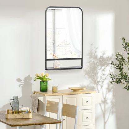 The wall mirror with storage shelf shown in a dining room setting above a cabinet