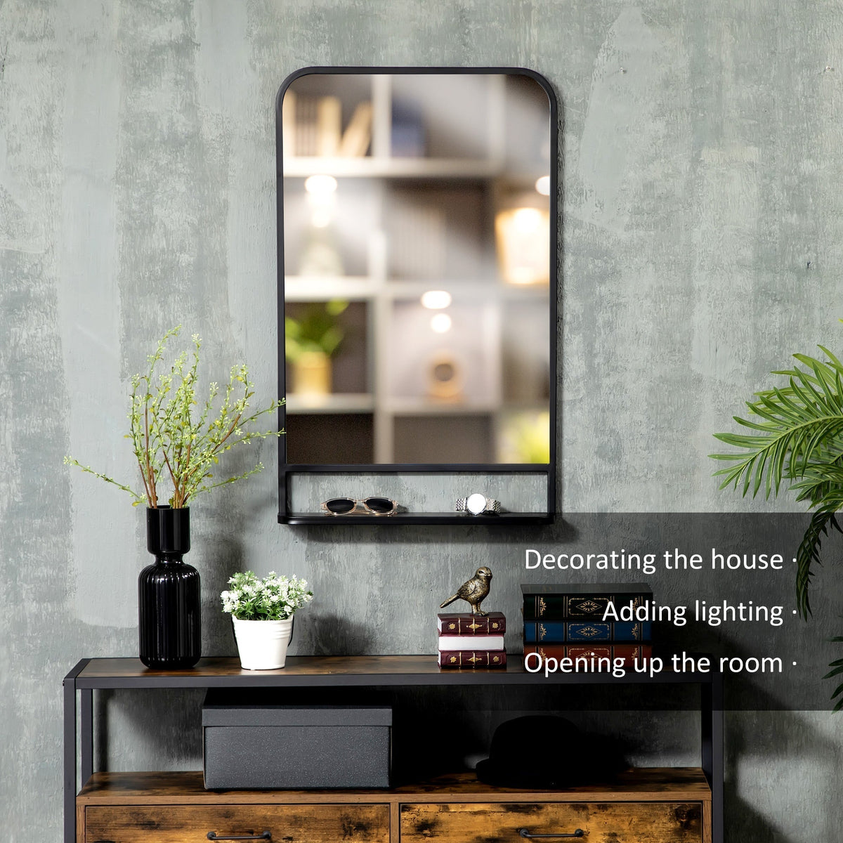 The wall mirror with storage shelf displayed in a hallway with decorative items