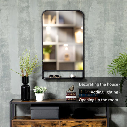 The wall mirror with storage shelf displayed in a hallway with decorative items