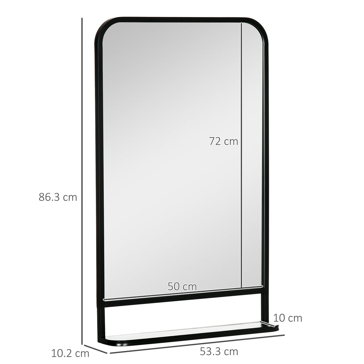 Dimensions of the black framed wall mirror with shelf
