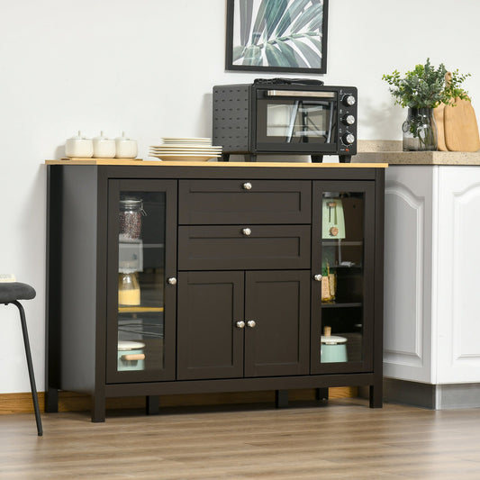 The storage cabinet in a kitchen setting with a microwave and plates on top