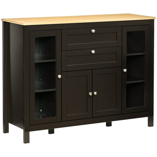HOMCOM Modern Storage Cabinet with oak top, black brown finish, four doors and two drawers