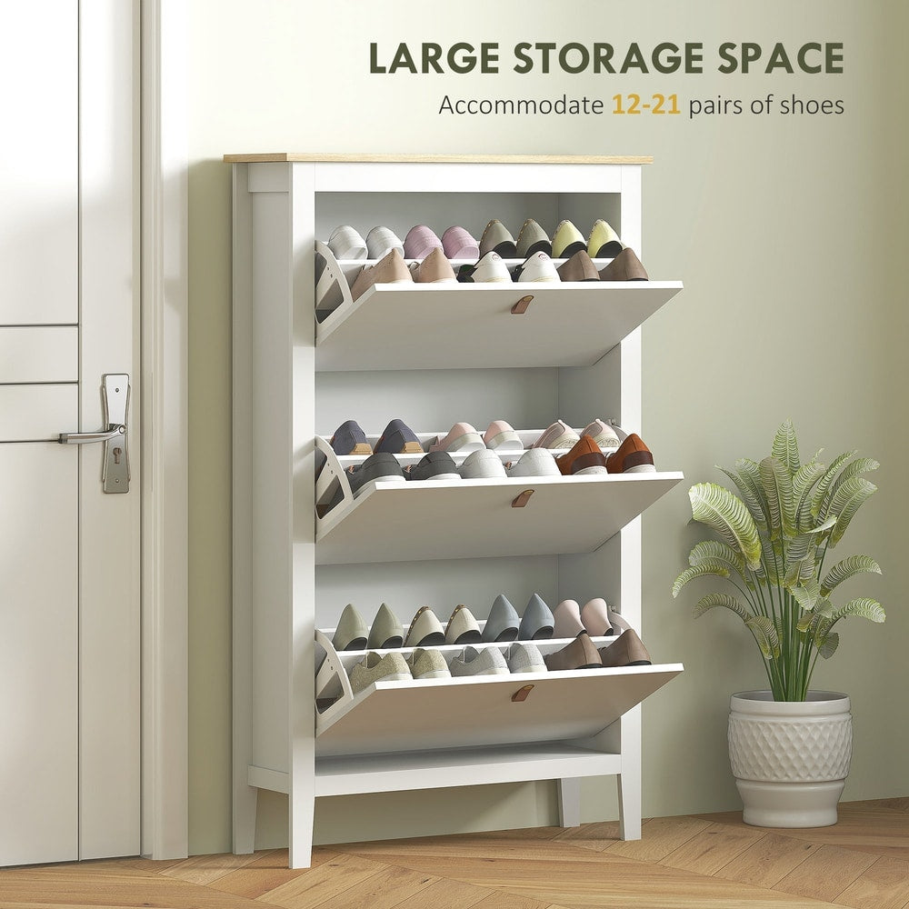 White shoe storage cabinet with all three drawers open, displaying shoe capacity