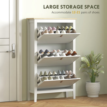 White shoe storage cabinet with all three drawers open, displaying shoe capacity