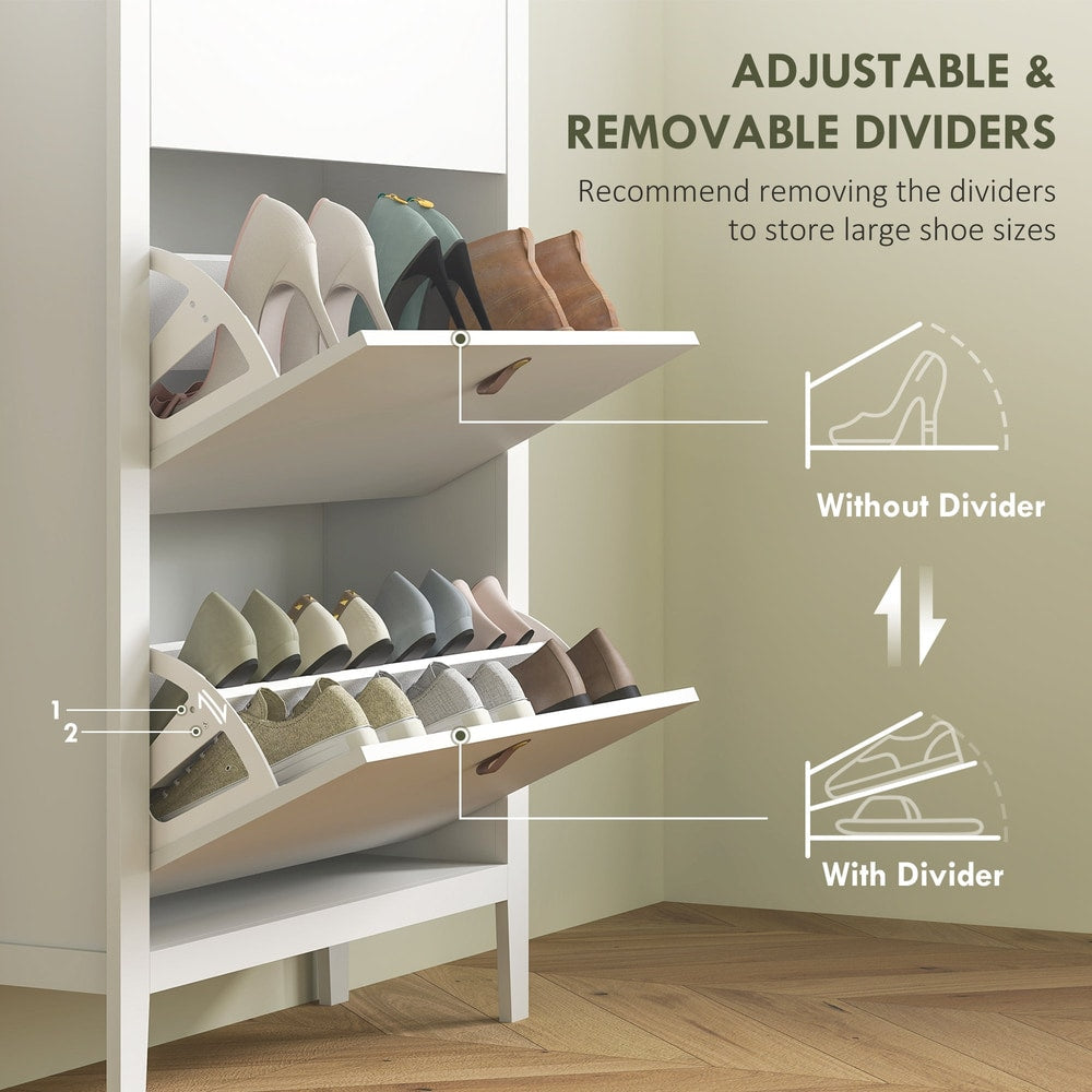 White shoe storage cabinet with adjustable dividers shown in drawers