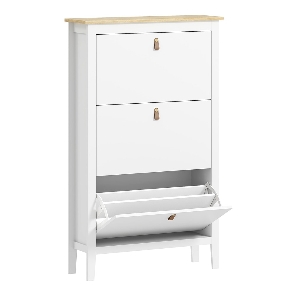 HOMCOM Modern Three-Drawer Shoe Cabinet with a white finish and wooden top