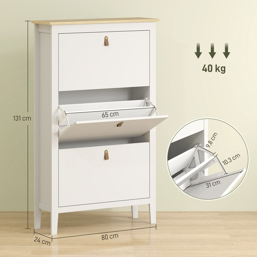 White shoe storage cabinet with dimensions and weight limit shown