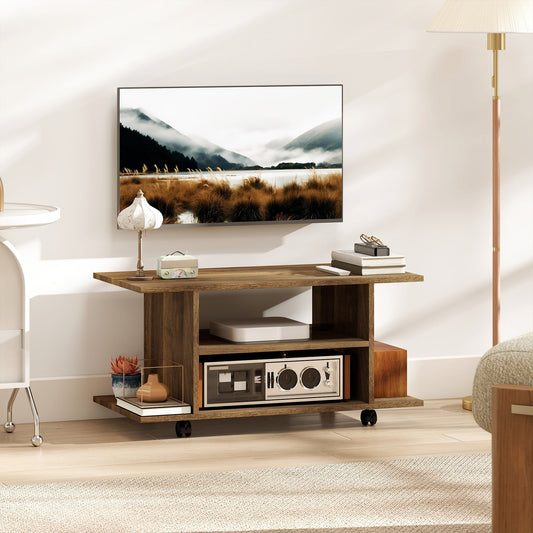 The walnut tv unit with open shelving holding electronic devices and decorative items