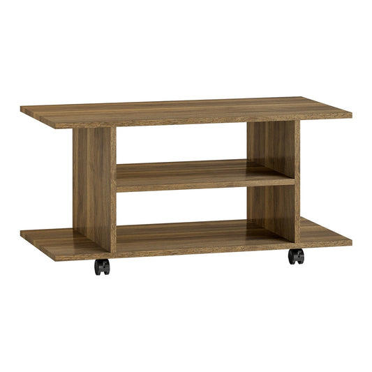 HOMCOM Modern TV Cabinet Stand in walnut finish with open shelves and black castor wheels