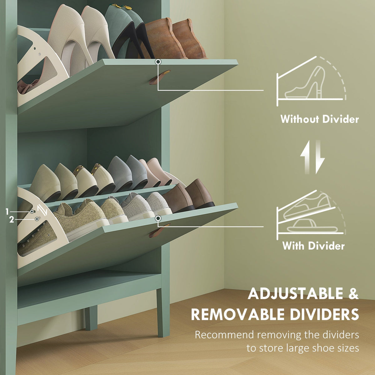 Close-up of the shoe storage cabinet shelves showing adjustable dividers for different shoe sizes