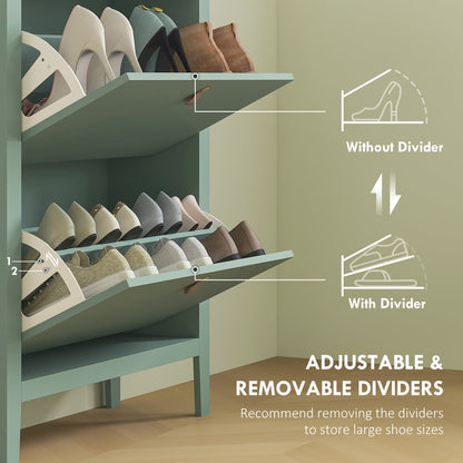 Close-up of the shoe storage cabinet shelves showing adjustable dividers for different shoe sizes