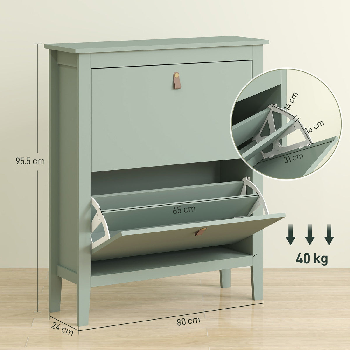 Green shoe storage cabinet with dimensions and weight capacity indicated