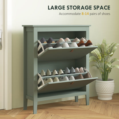 Green shoe storage cabinet with both flip-down drawers open, displaying multiple pairs of shoes
