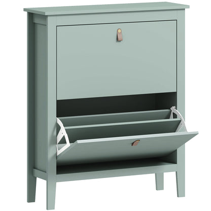 HOMCOM Modern Two-Drawer Shoe Cabinet in green, a tall unit with two flip-down shoe storage drawers