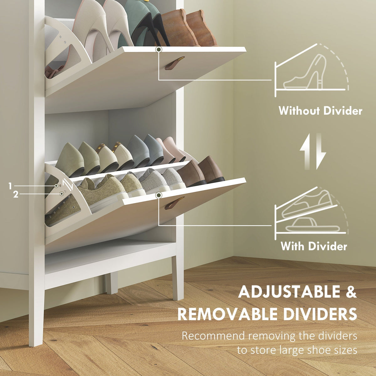 The shoe storage showing how the internal shelf dividers can be removed for larger footwear