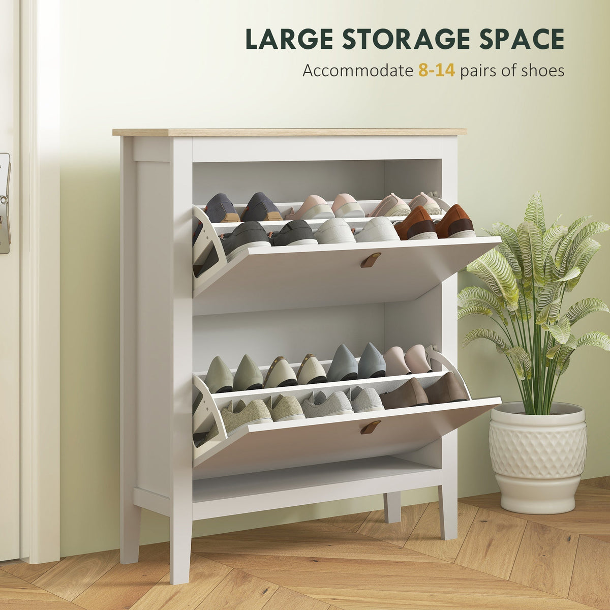The shoe storage with both drawers open and filled with many pairs of shoes on the shelves
