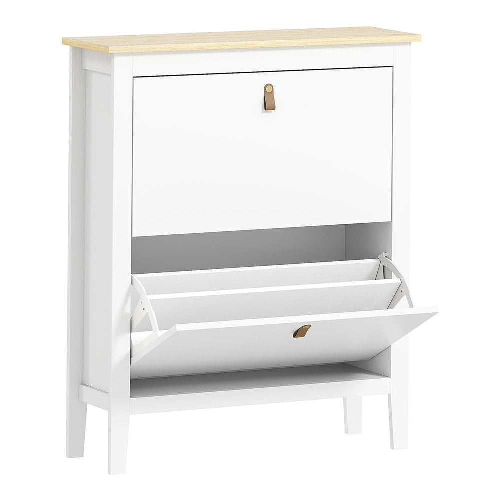 HOMCOM Modern Two-Drawer Shoe Cabinet with one drawer open showing internal storage compartments