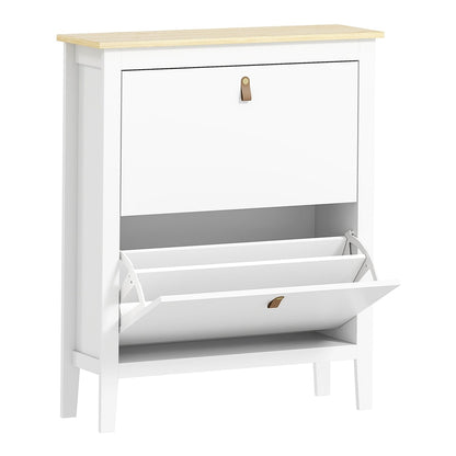 HOMCOM Modern Two-Drawer Shoe Cabinet with one drawer open showing internal storage compartments