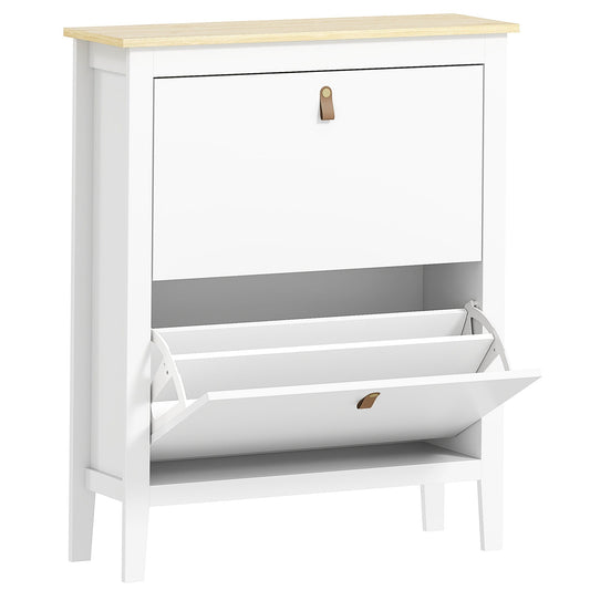 HOMCOM Modern Two-Drawer Shoe Cabinet with one drawer open showing internal storage compartments