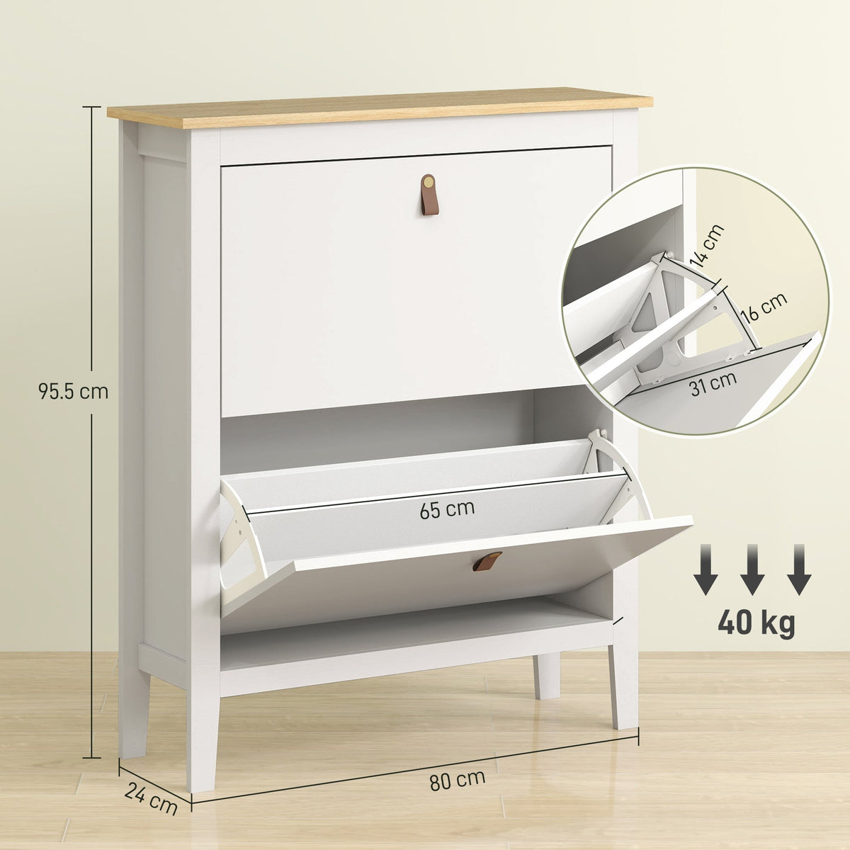 The shoe storage with technical lines showing dimensions and a close-up of the drawer mechanism