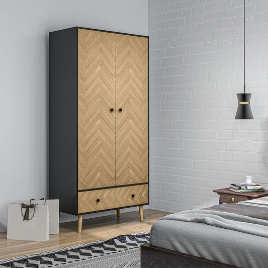 Modern wardrobe cabinet with wood grain doors in a bedroom setting