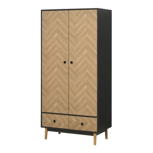 HOMCOM Modern Wardrobe Cabinet Wood Grain Sticker Surface with shelf, hanging rod and 2 drawers
