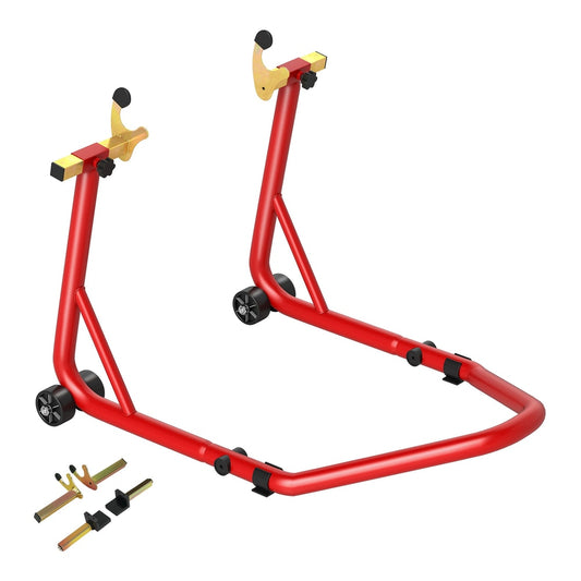 HOMCOM Motorcycle Rear Wheel Stand in red, a sturdy metal frame with wheels and adjustable forks