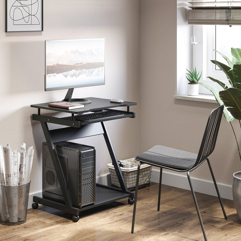 The office desk in a room with a computer, chair and plant