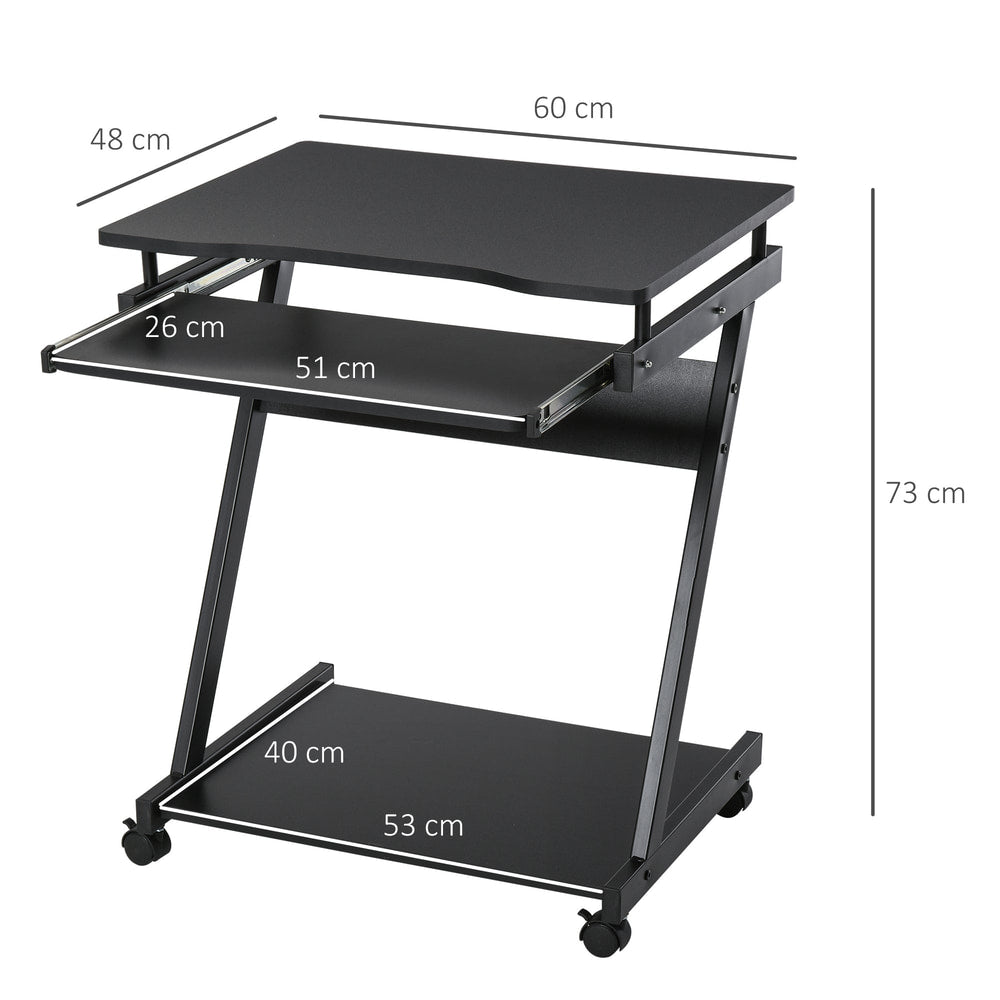 The office desk with dimensions shown for the top, keyboard tray and bottom shelf