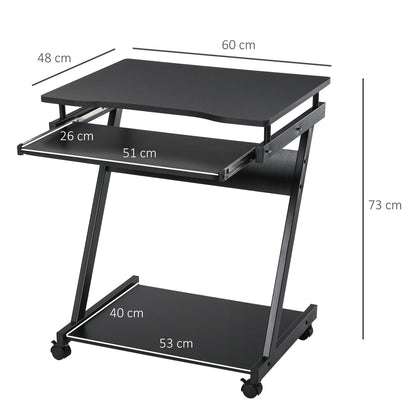 The office desk with dimensions shown for the top, keyboard tray and bottom shelf