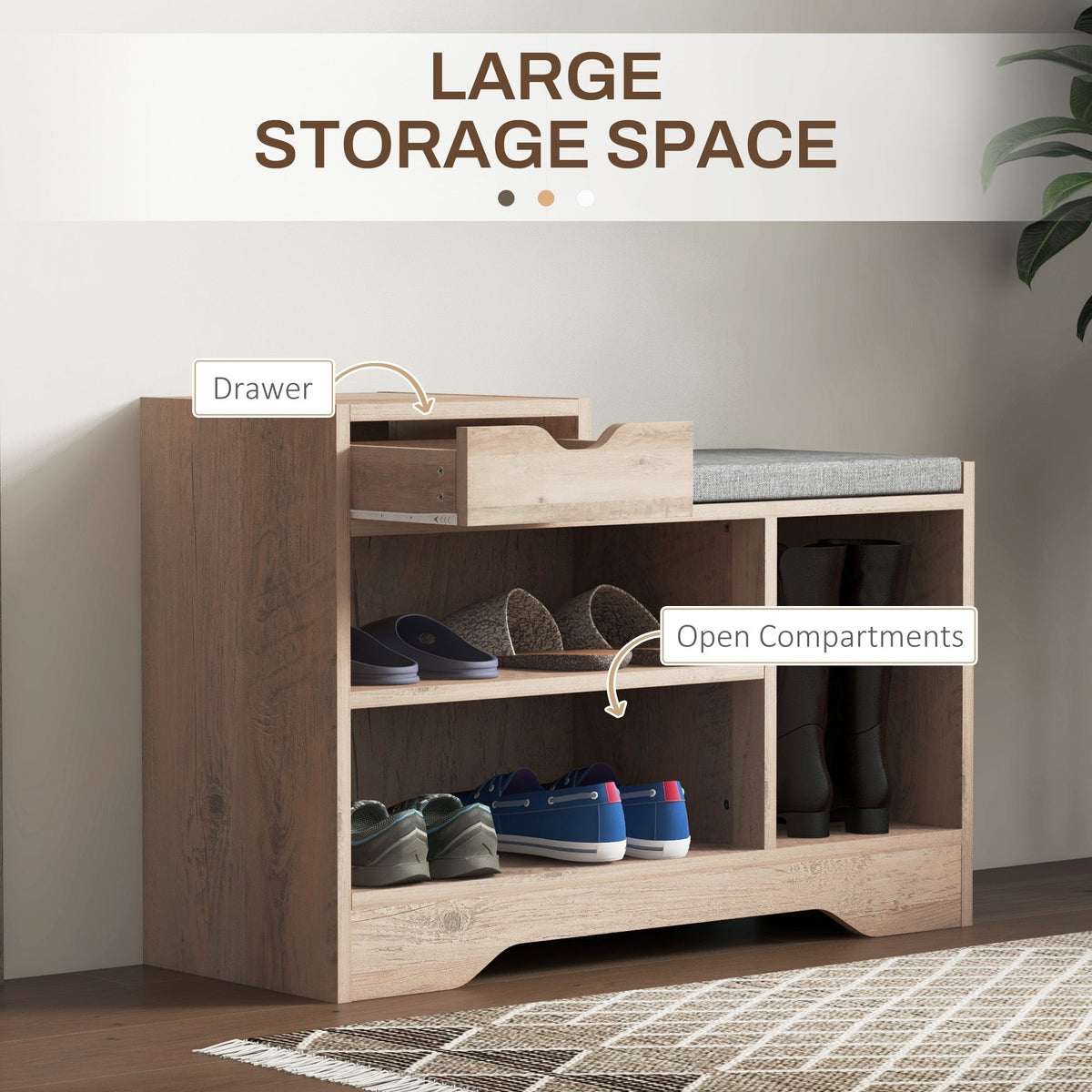 The shoe storage with the drawer pulled out to show the internal space for small accessories