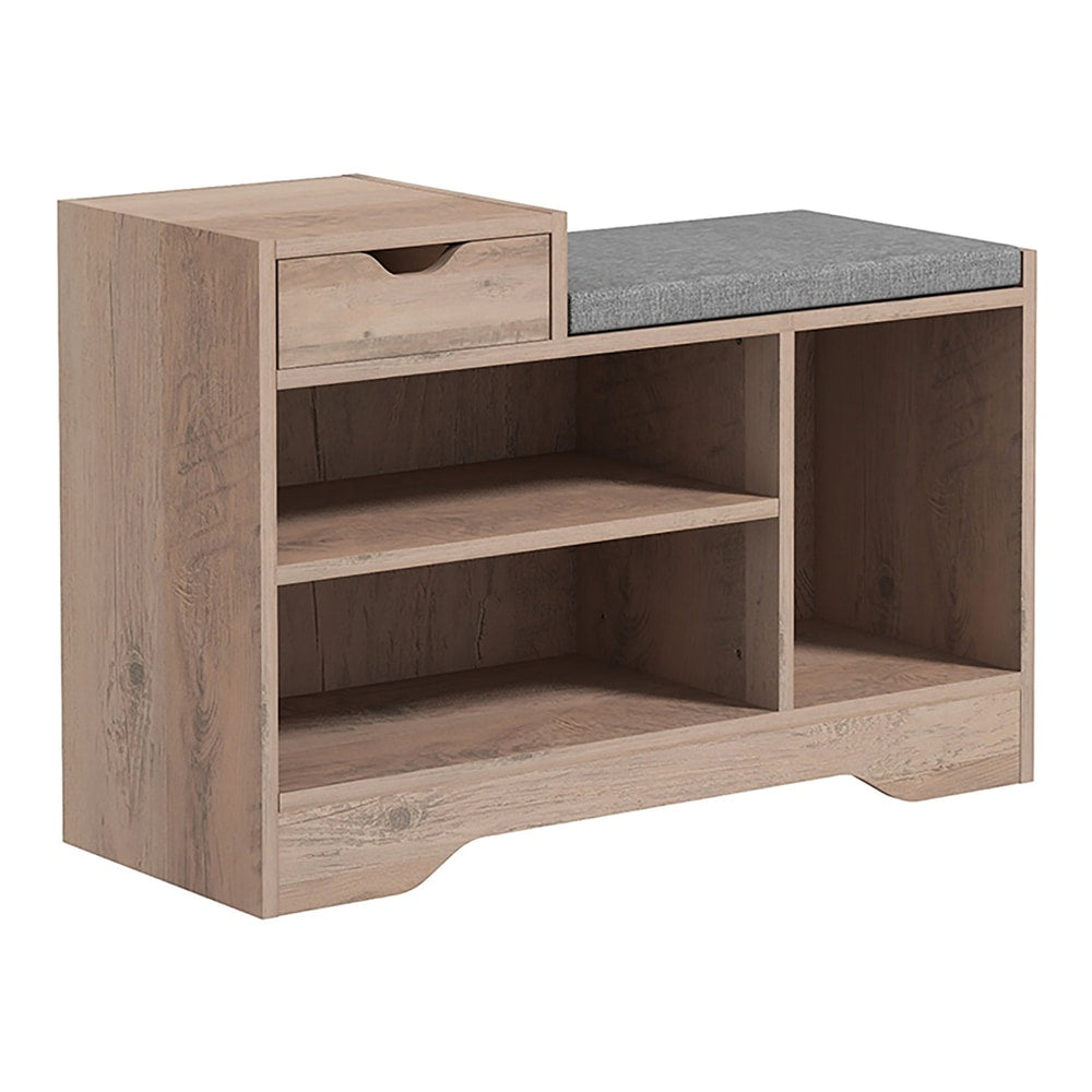 HOMCOM Multi-Compartment Shoe Bench with a grey padded seat and open shelves on a white background