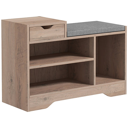 HOMCOM Multi-Compartment Shoe Bench with a grey padded seat and open shelves on a white background