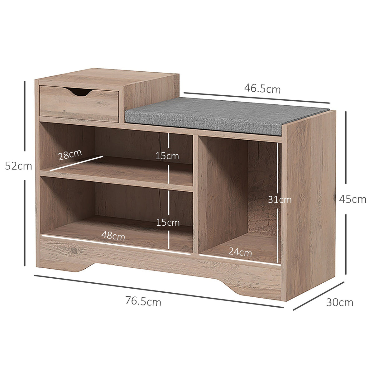 The shoe storage showing dimensions for the shelves and the overall frame on a white background
