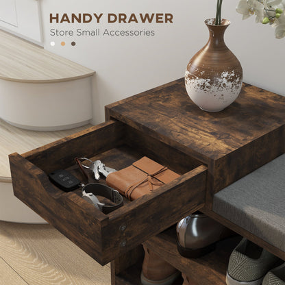 The shoe storage unit with the drawer pulled open to reveal items stored inside the compartment