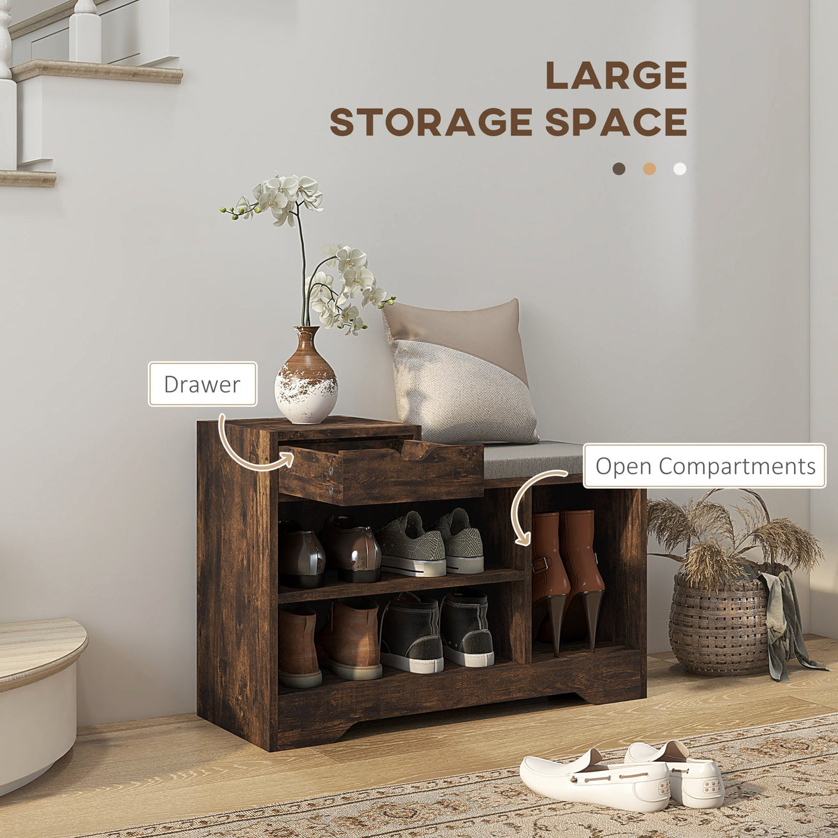 The shoe storage unit with text labels highlighting the drawer and the open storage compartments
