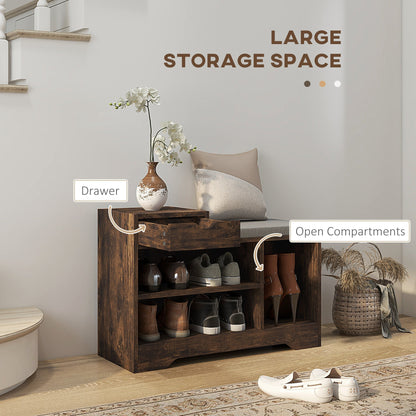 The shoe storage unit with text labels highlighting the drawer and the open storage compartments