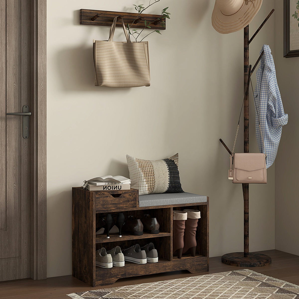 The shoe storage unit placed in a hallway with shoes and boots arranged on the open shelves
