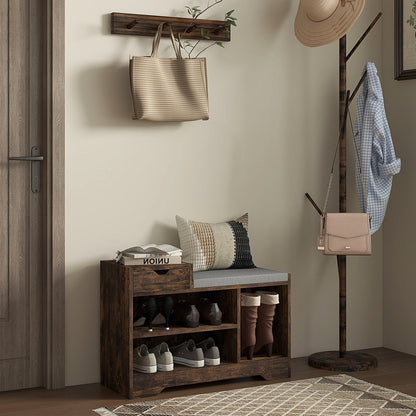 The shoe storage unit placed in a hallway with shoes and boots arranged on the open shelves