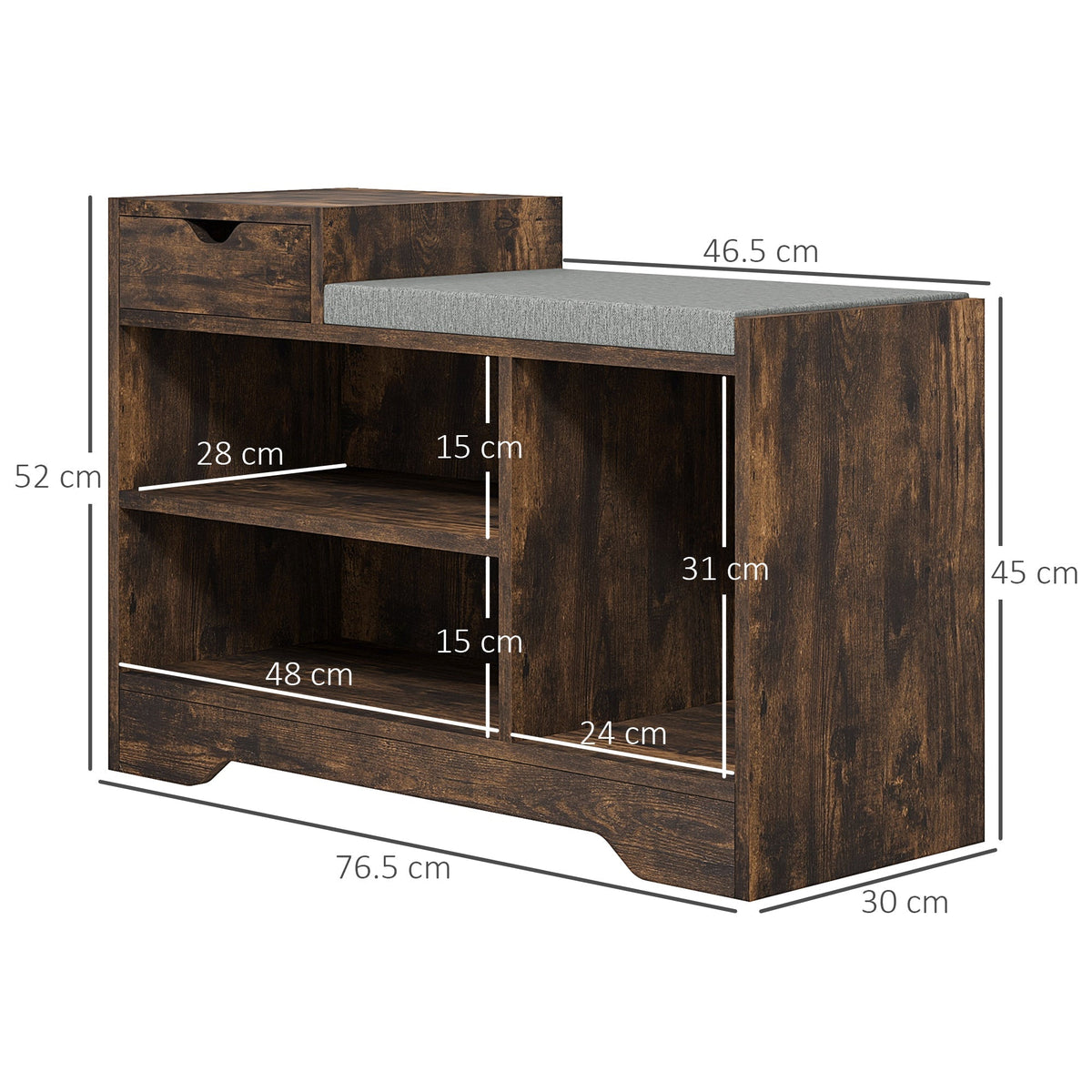 The shoe storage unit showing white lines and labels indicating the dimensions of the furniture