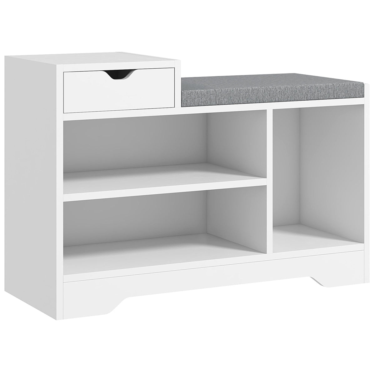 HOMCOM Multi-Compartment Shoe Bench with a white frame and grey seat, showing one drawer and open shelves