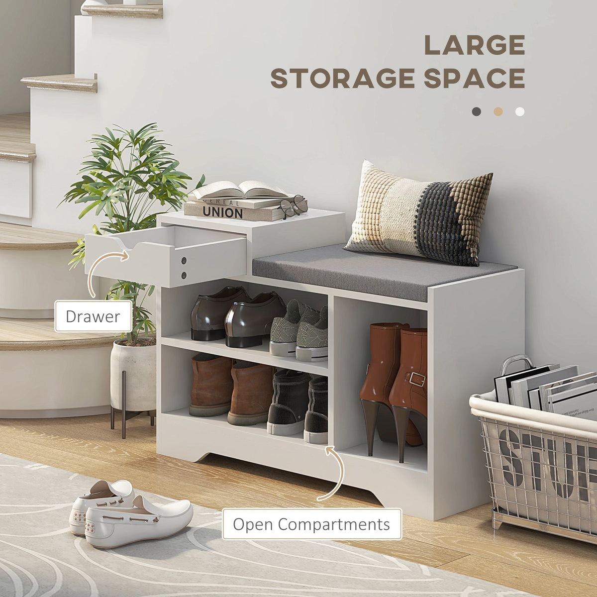 White shoe storage bench with a grey seat, showing the drawer and open compartments for shoes