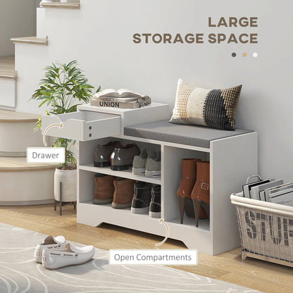 White shoe storage bench with a grey seat, showing the drawer and open compartments for shoes