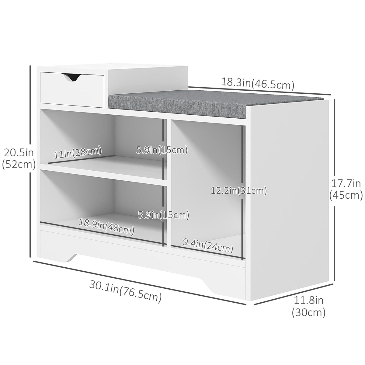 White shoe storage bench with dimensions shown in inches and centimetres