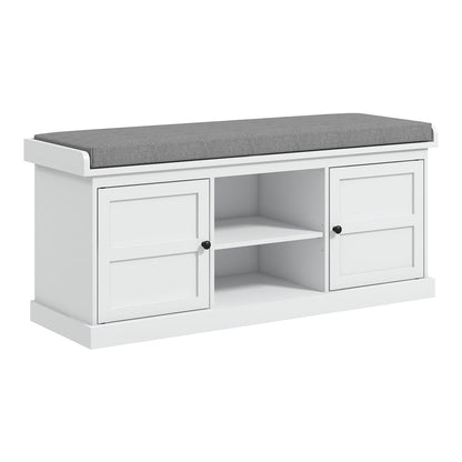 HOMCOM Multi-Compartment Shoe Storage Bench with a grey upholstered top and white cabinet doors